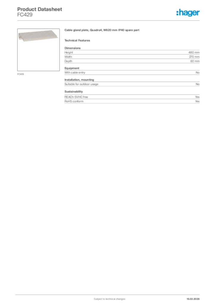 Image Hager Product data sheet FC429  | Hager Africa