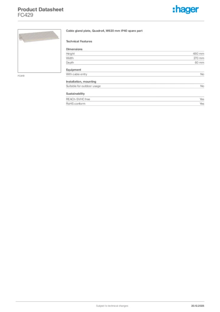Image Hager Product data sheet FC429  | Hager Africa