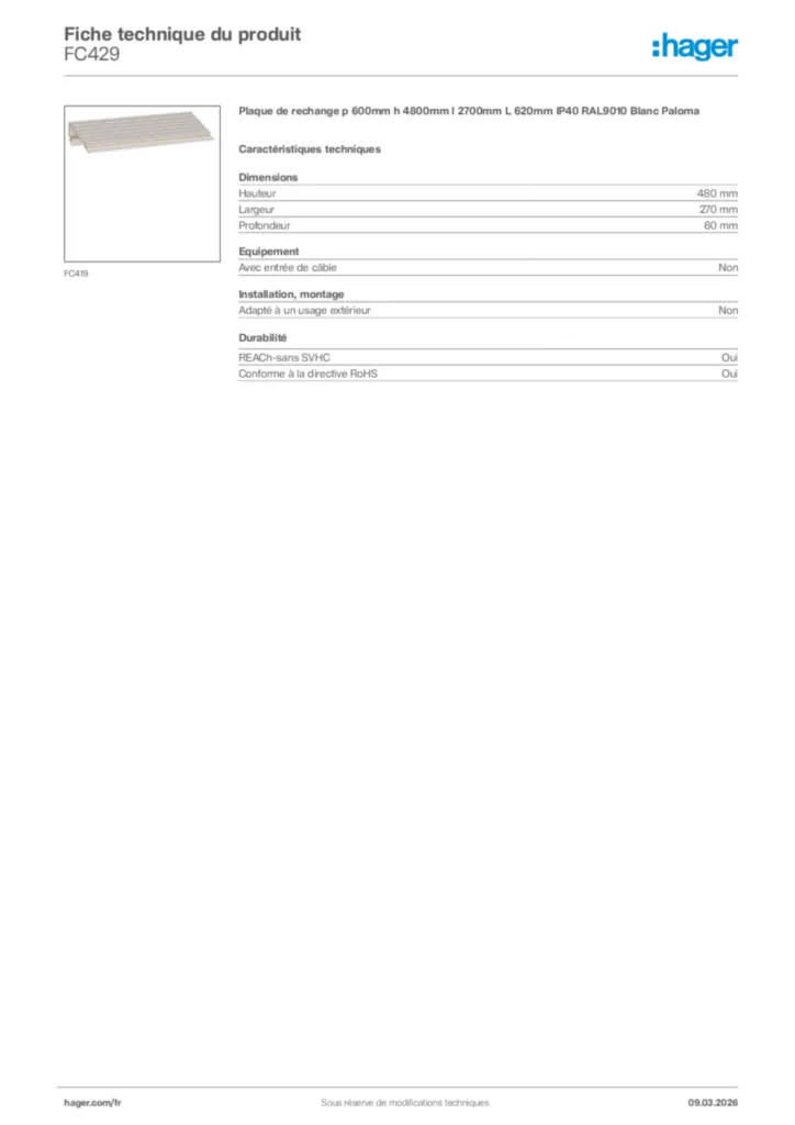 Image Hager Fiche technique du produit FC429 | Hager France