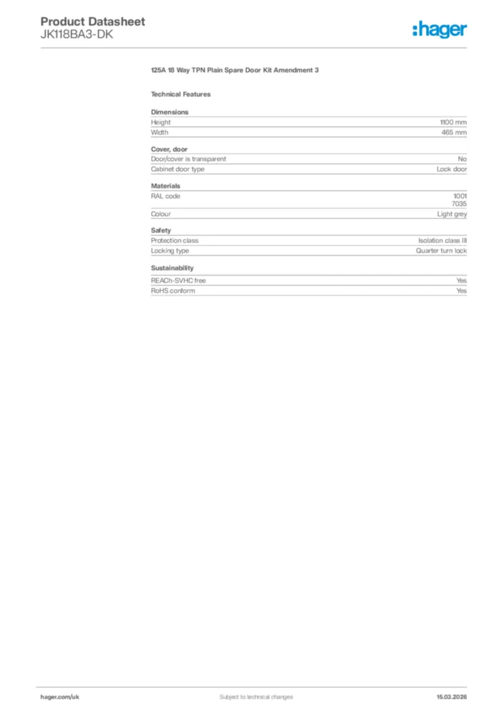 Image Hager Product data sheet JK118BA3-DK  | Hager
