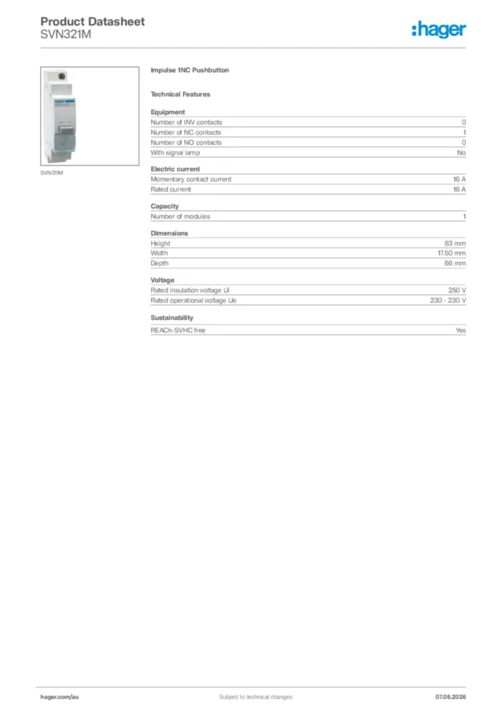 Image Hager Product data sheet SVN321M  | Hager Australia