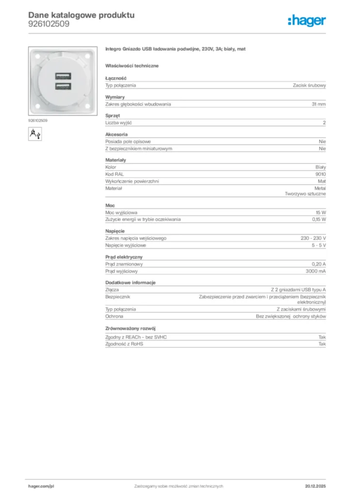 Zdjęcie Hager Karta katalogowa 926102509 | Hager Polska