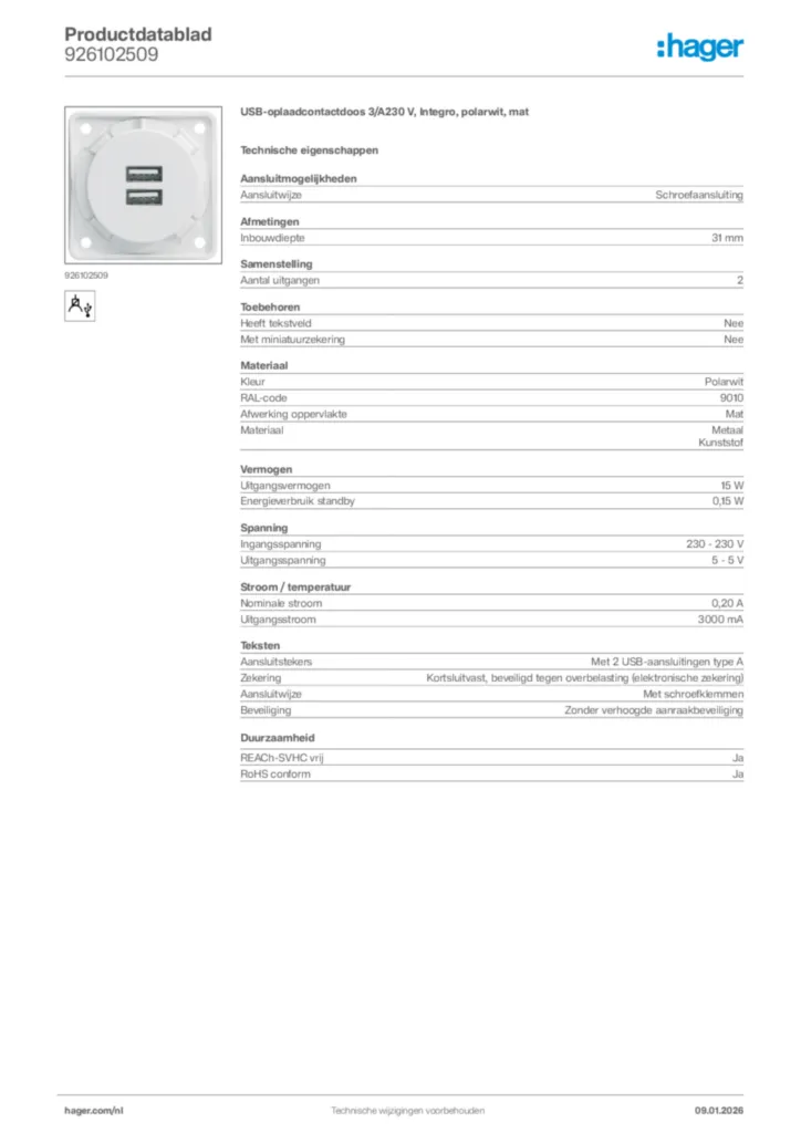 Afbeelding Hager Productdatablad 926102509 | Hager Nederland