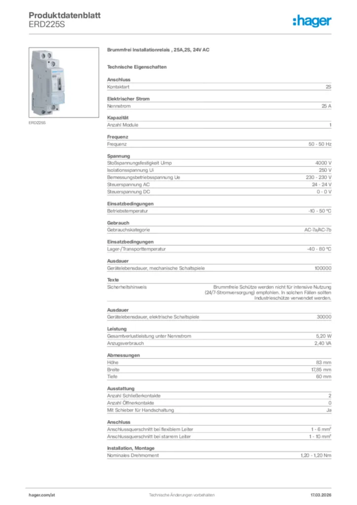Bild Hager Produktdatenblatt ERD225S | Hager Deutschland