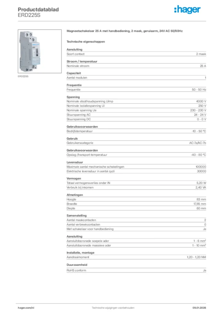Afbeelding Hager Productdatablad ERD225S | Hager Nederland