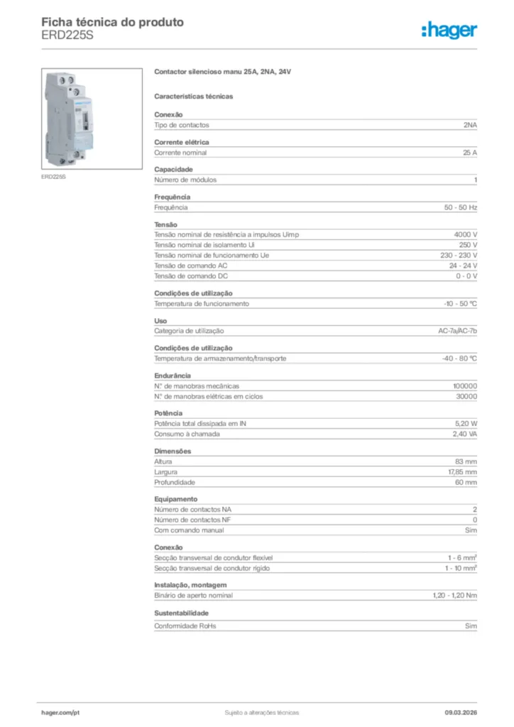 Imagem Hager Ficha técnica do produto ERD225S | Hager Portugal