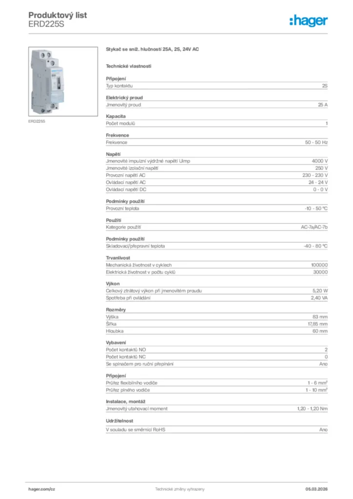 Obrázek Hager Product data sheet ERD225S | Hager