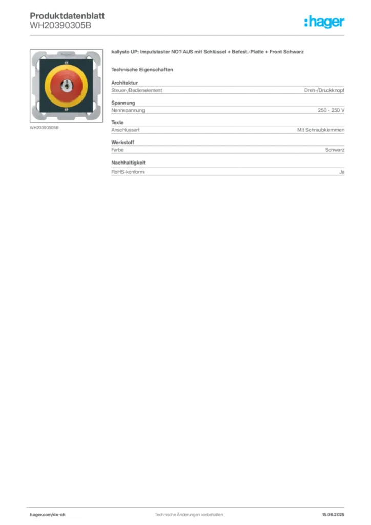Bild Hager Produktdatenblatt WH20390305B | Hager Schweiz