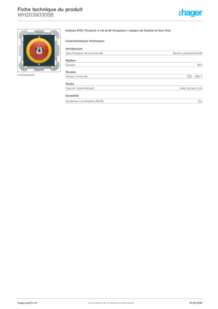 Image Hager Fiche technique du produit WH20390305B | Hager Suisse