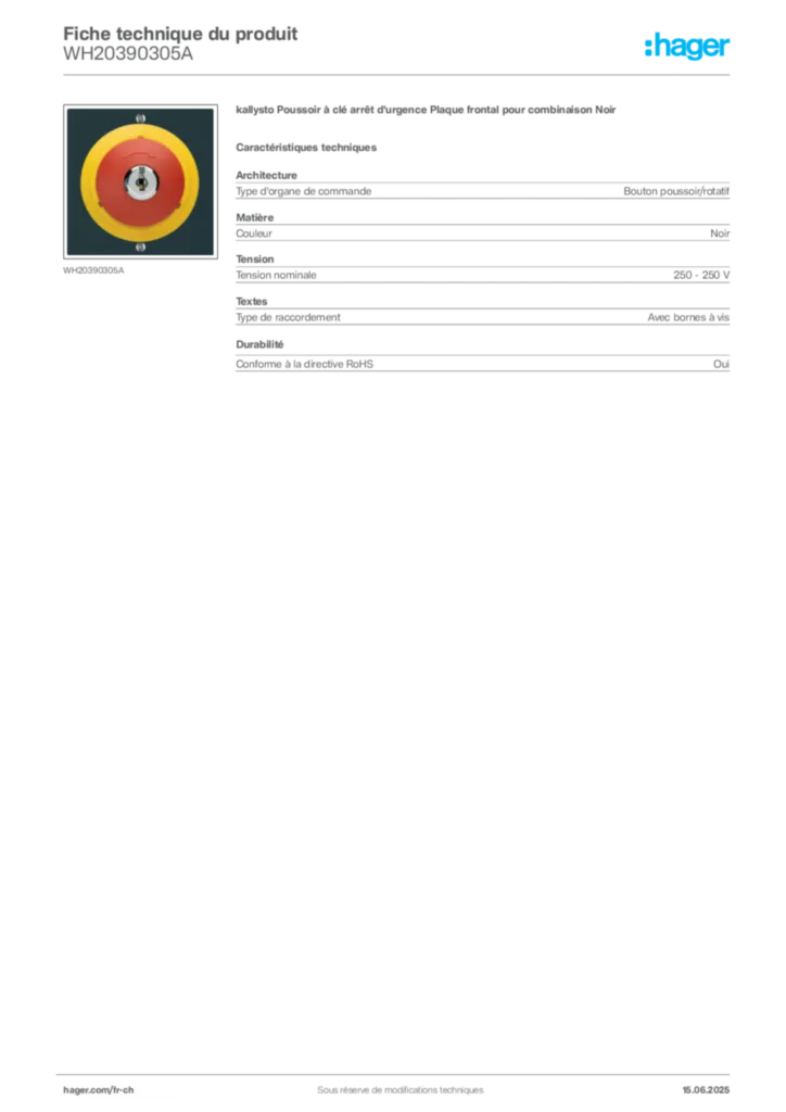 Image Hager Fiche technique du produit WH20390305A | Hager Suisse