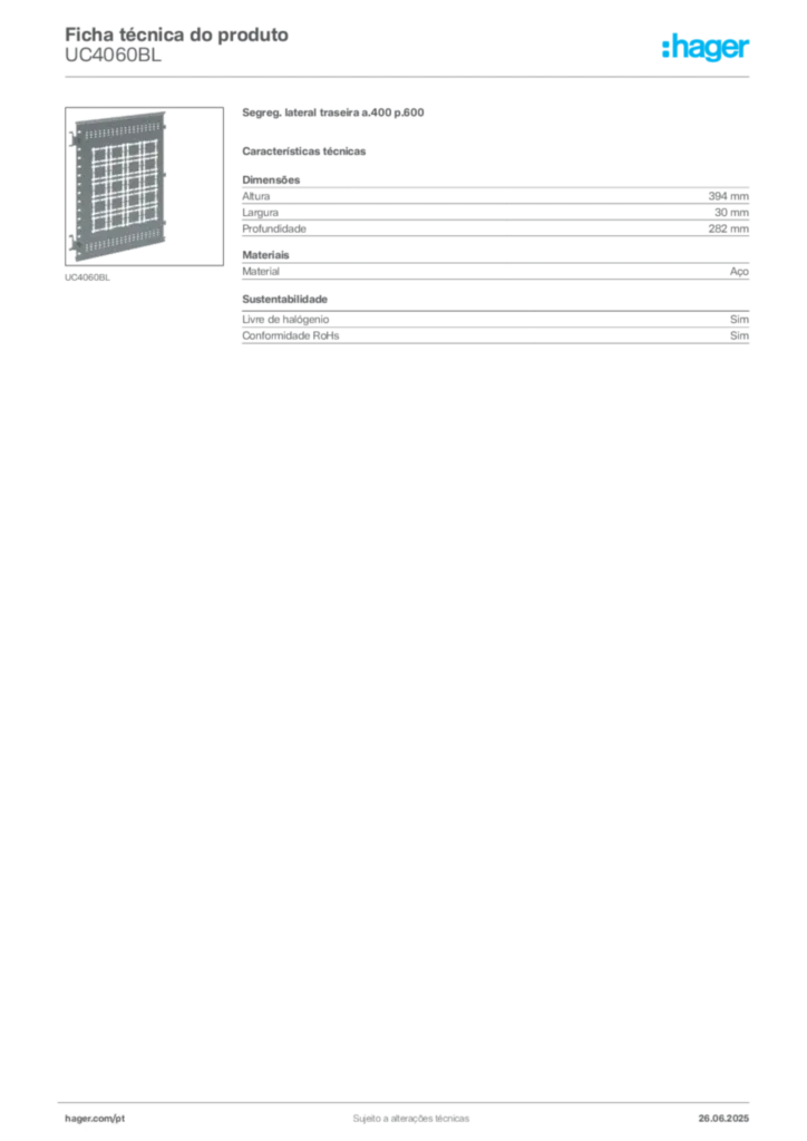 Imagem Hager Ficha técnica do produto UC4060BL | Hager Portugal