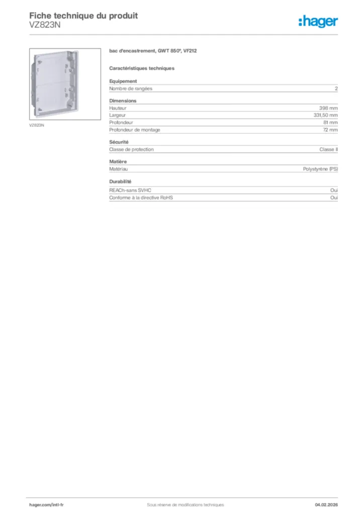 Image Hager Fiche technique du produit VZ823N | Hager Afrique