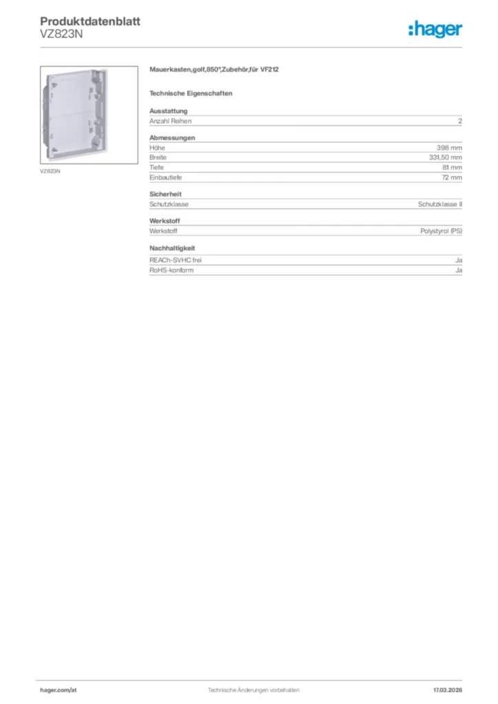 Bild Hager Produktdatenblatt VZ823N | Hager Deutschland