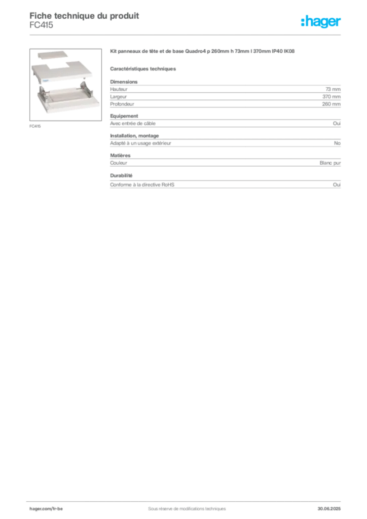Image Hager Fiche technique du produit FC415 | Hager Belgique