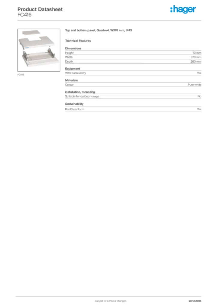 Image Hager Product data sheet FC416  | Hager Africa