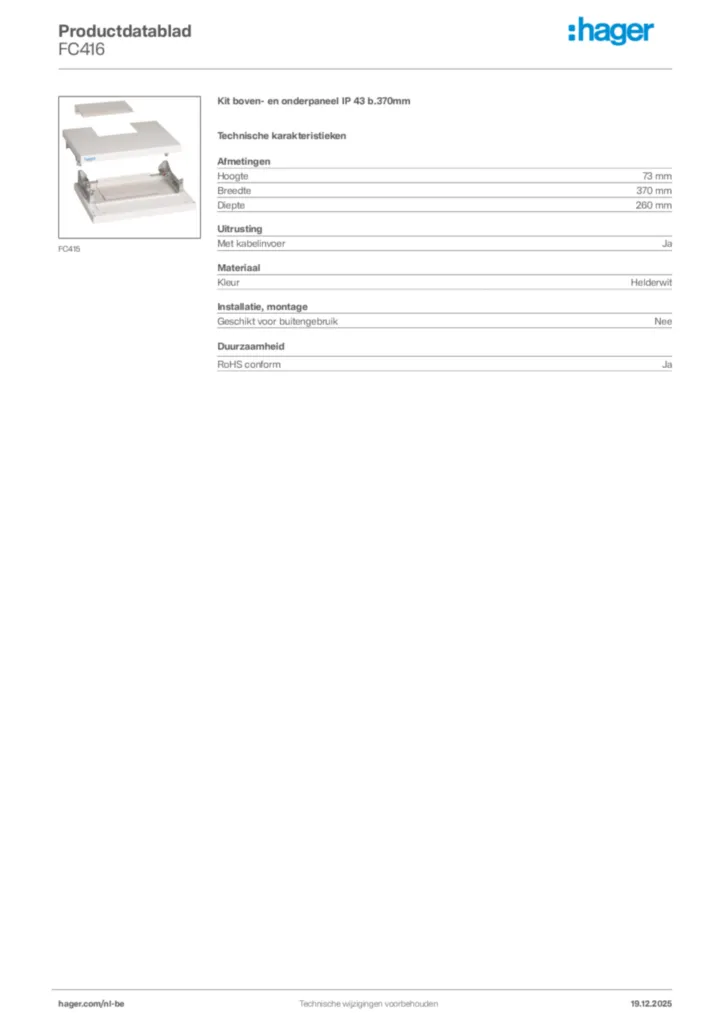 Afbeelding Hager Productdatablad FC416 | Hager Belgium