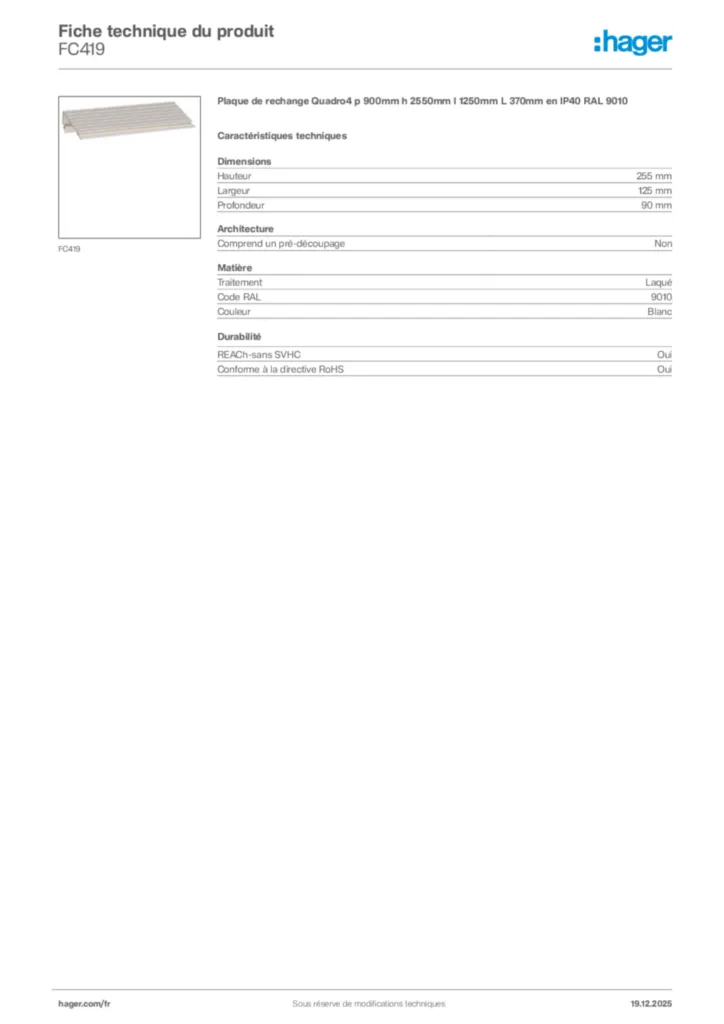 Image Hager Fiche technique du produit FC419 | Hager France