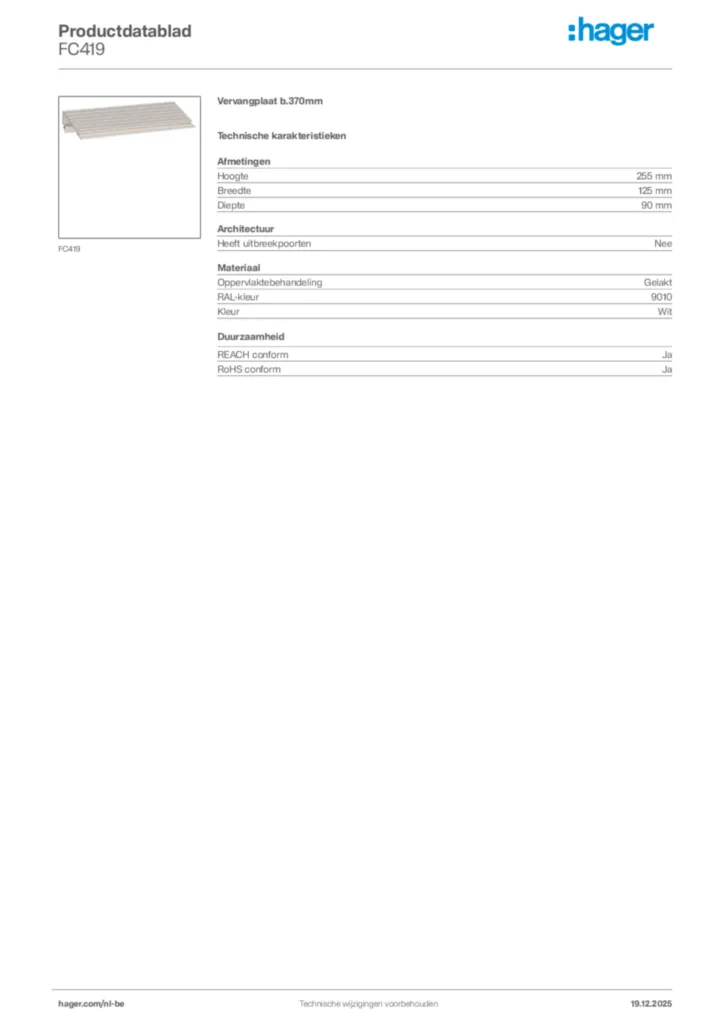 Afbeelding Hager Productdatablad FC419 | Hager Belgium