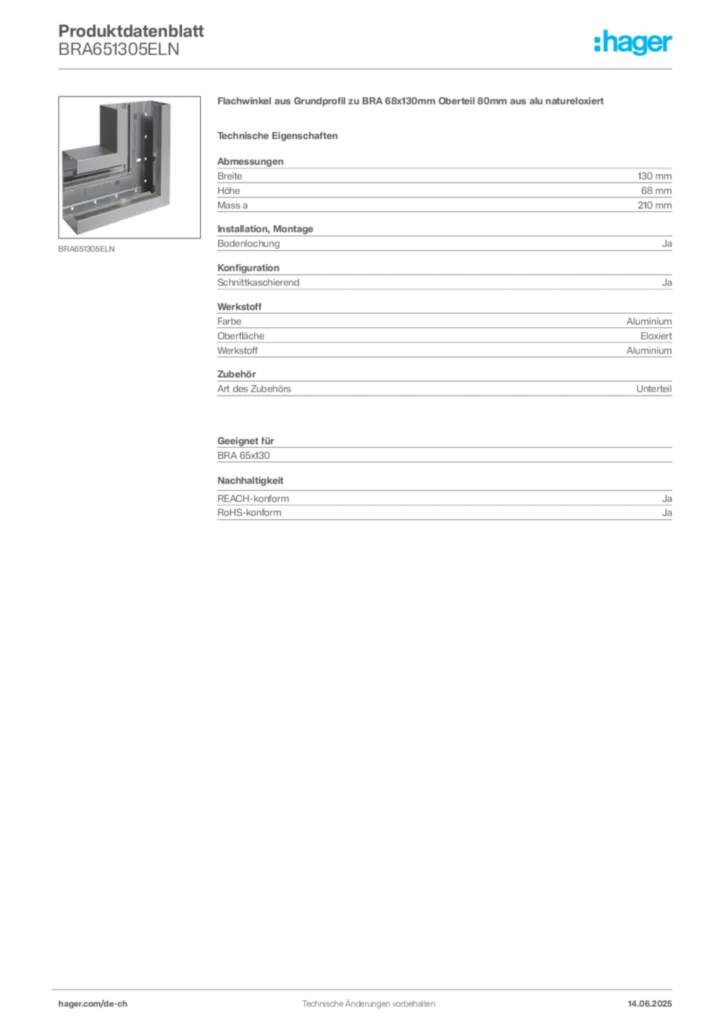 Bild Hager Produktdatenblatt BRA651305ELN | Hager Schweiz