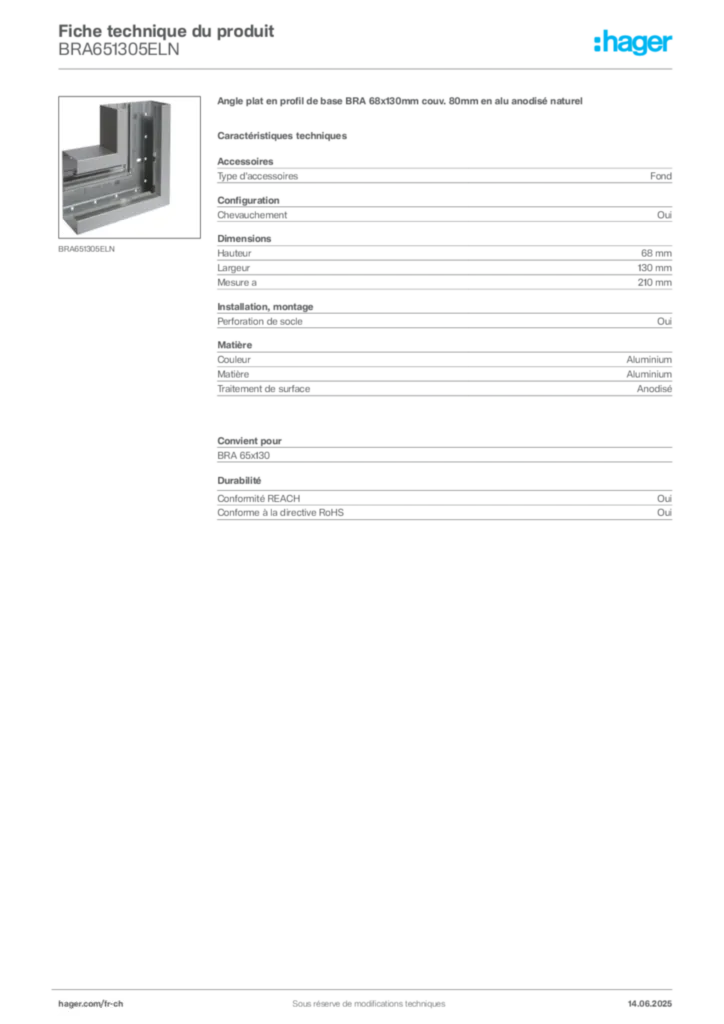 Image Hager Fiche technique du produit BRA651305ELN | Hager Suisse