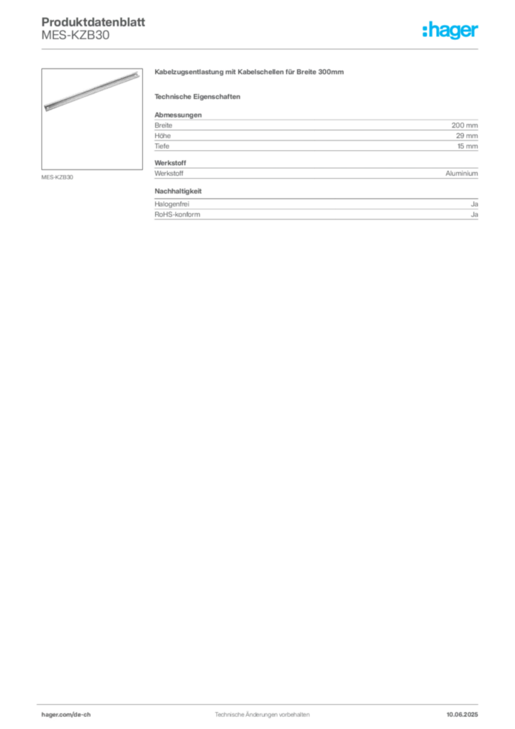 Bild Hager Produktdatenblatt MES-KZB30 | Hager Schweiz