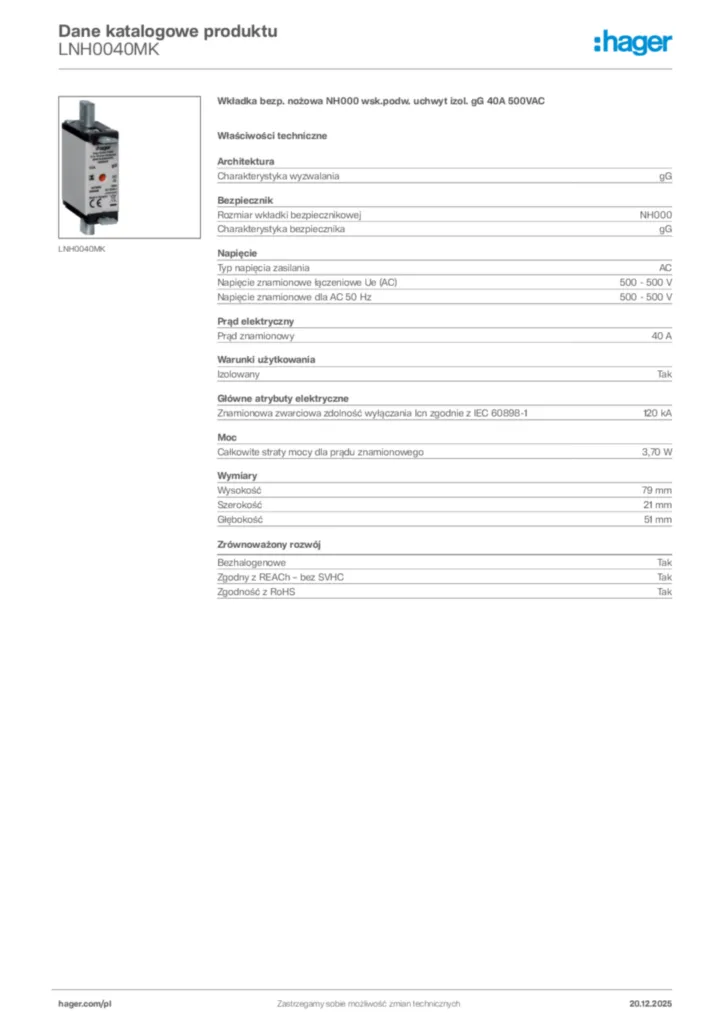 Zdjęcie Hager Karta katalogowa LNH0040MK | Hager Polska