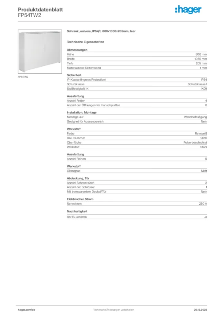 Bild Hager Produktdatenblatt FP54TW2 | Hager Deutschland