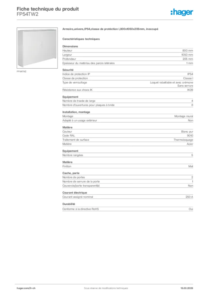 Image Hager Fiche technique du produit FP54TW2 | Hager Suisse
