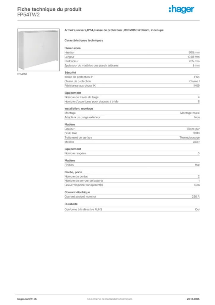 Image Hager Fiche technique du produit FP54TW2 | Hager Suisse