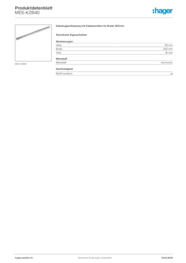 Bild Hager Produktdatenblatt MES-KZB40 | Hager Schweiz