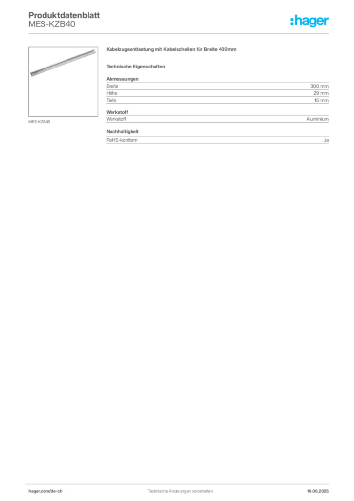 Bild Hager Produktdatenblatt MES-KZB40 | Hager Schweiz
