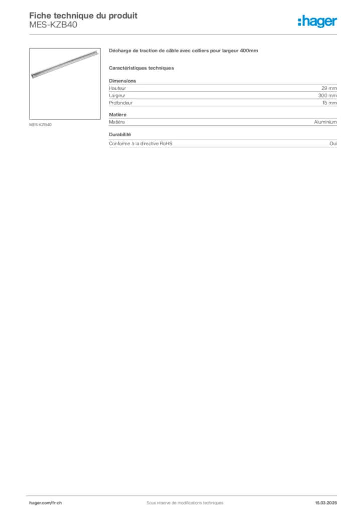 Image Hager Fiche technique du produit MES-KZB40 | Hager Suisse