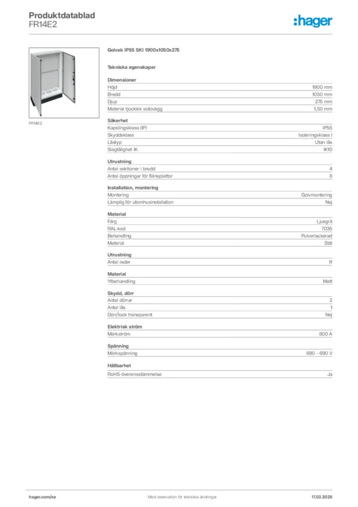 Bild Hager Produktdatablad FR14E2 | Hager Sverige