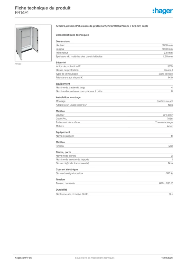 Image Hager Fiche technique du produit FR14E1 | Hager Suisse