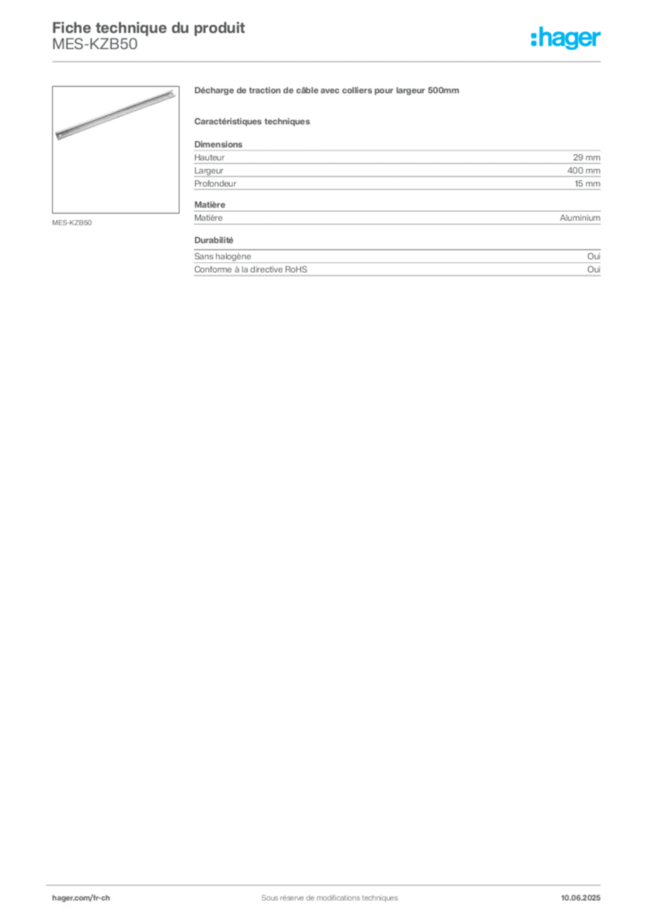 Image Hager Fiche technique du produit MES-KZB50 | Hager Suisse