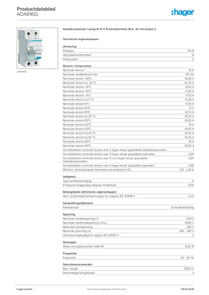 Afbeelding Hager Productdatablad ADA916G | Hager Nederland