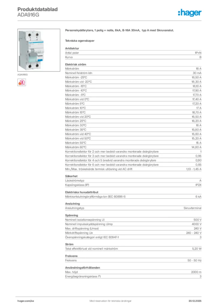 Bild Hager Produktdatablad ADA916G | Hager Sverige