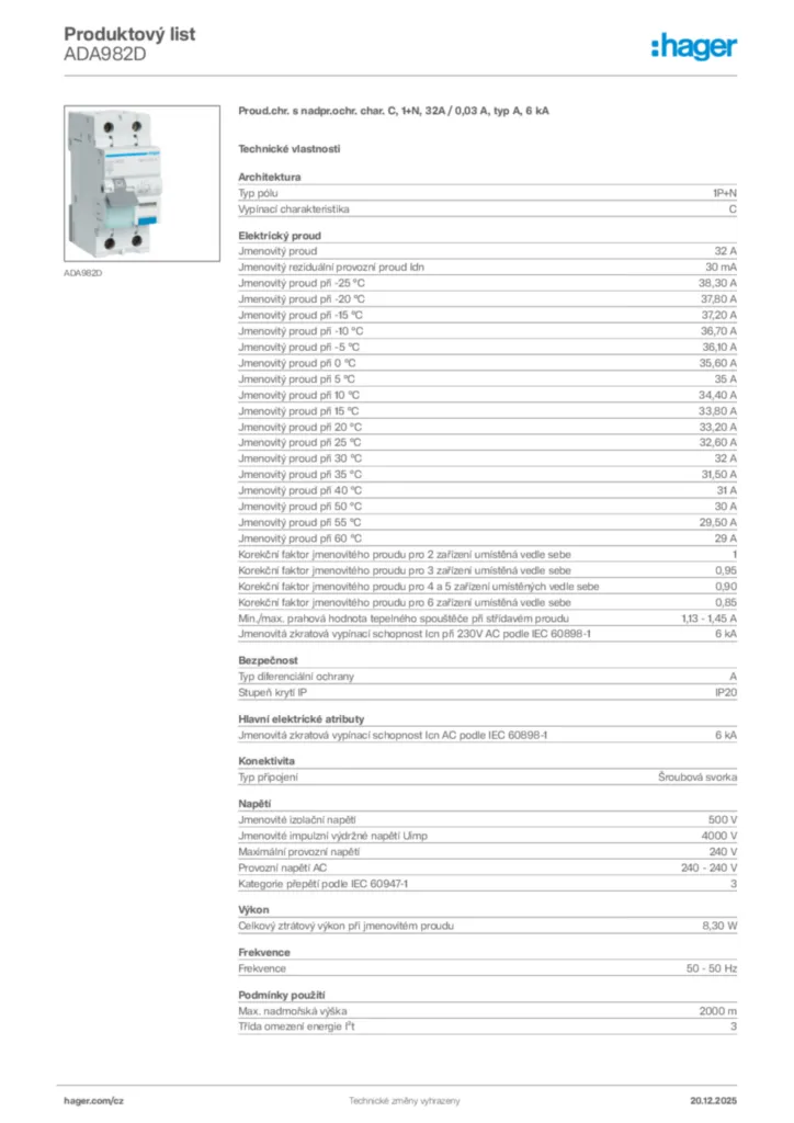 Obrázek Hager Produktový list ADA982D | Hager