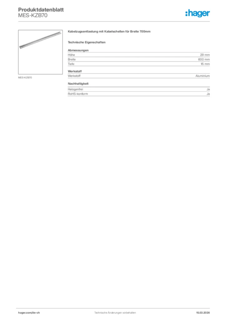 Bild Hager Produktdatenblatt MES-KZB70 | Hager Schweiz