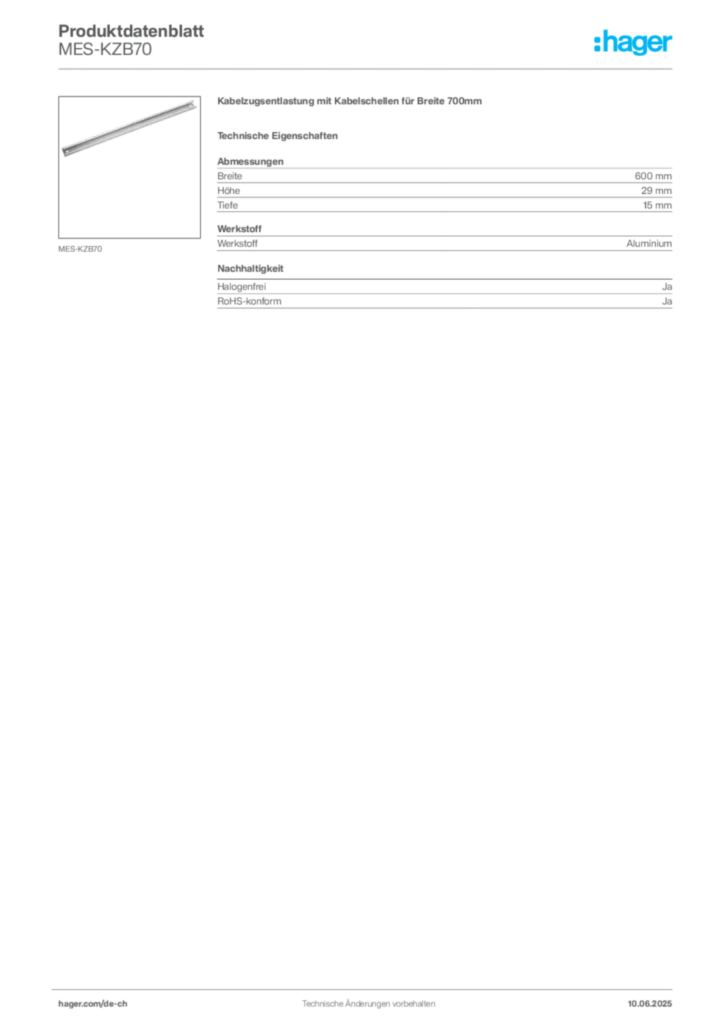 Bild Hager Produktdatenblatt MES-KZB70 | Hager Schweiz
