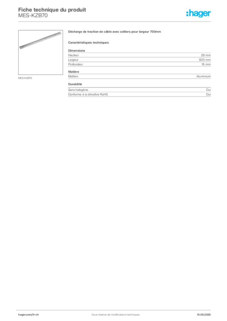 Image Hager Fiche technique du produit MES-KZB70 | Hager Suisse