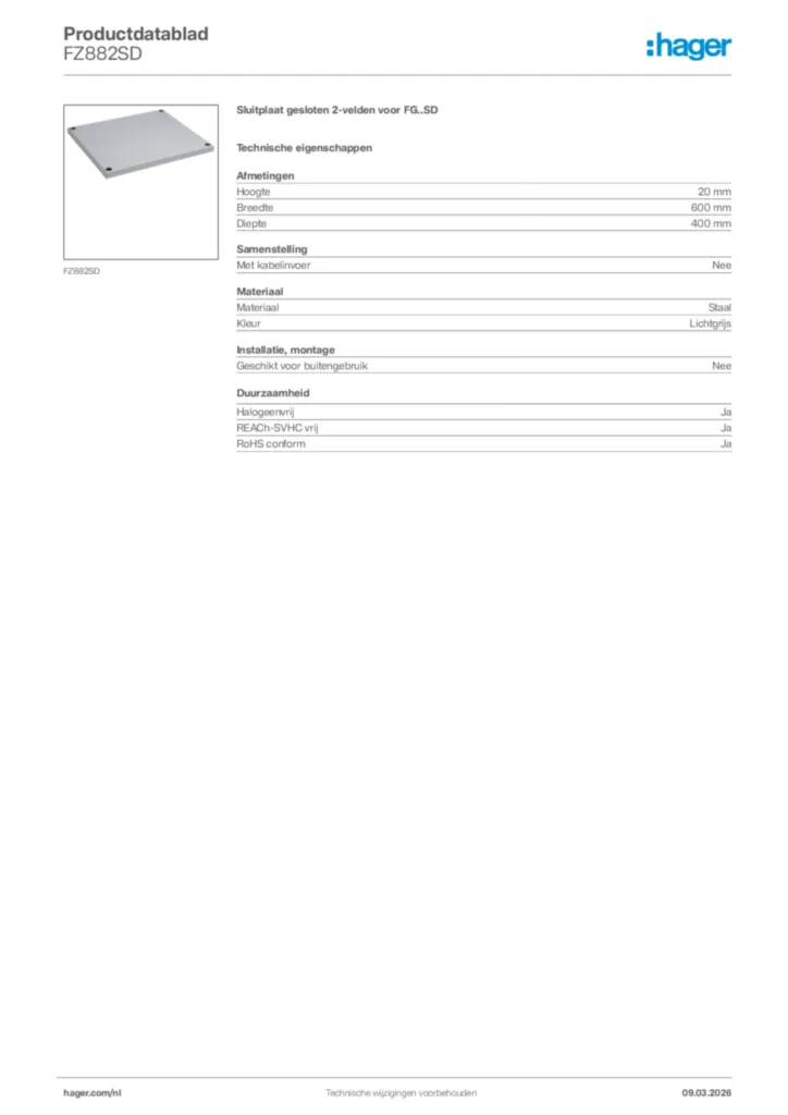 Afbeelding Hager Productdatablad FZ882SD | Hager Nederland