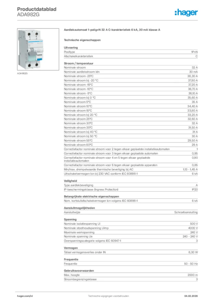 Afbeelding Hager Productdatablad ADA982G | Hager Nederland