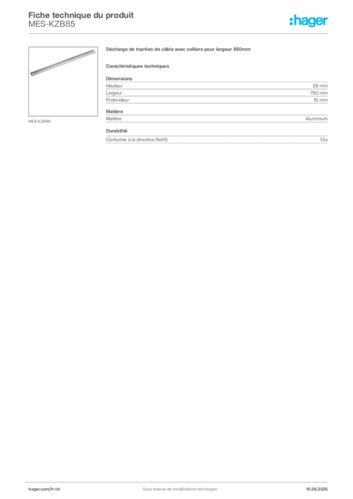 Image Hager Fiche technique du produit MES-KZB85 | Hager Suisse