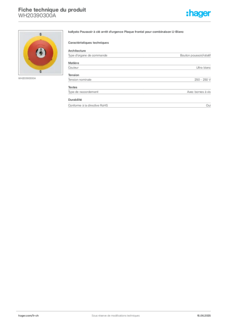 Image Hager Fiche technique du produit WH20390300A | Hager Suisse