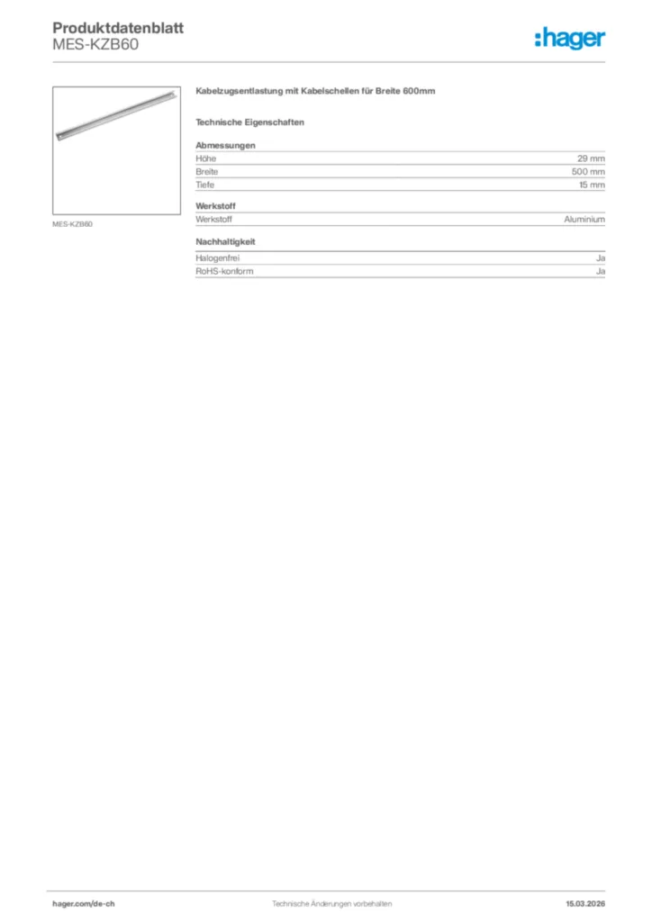 Bild Hager Produktdatenblatt MES-KZB60 | Hager Schweiz