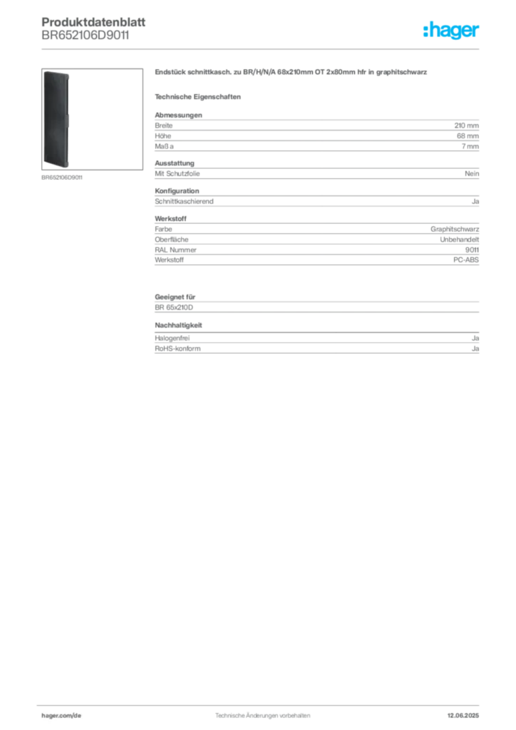 Bild Hager Produktdatenblatt BR652106D9011 | Hager Deutschland