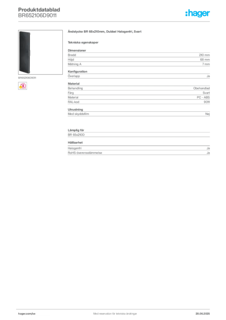 Bild Hager Produktdatablad BR652106D9011 | Hager Sverige