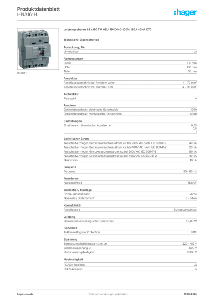 Hager Produktdatenblatt HNA161H