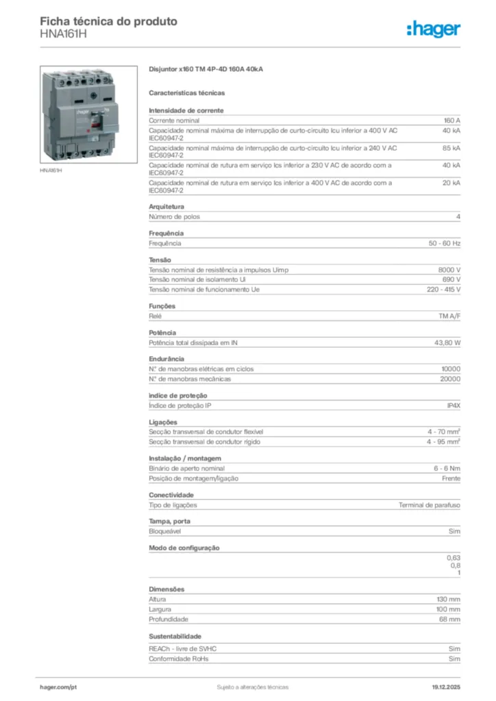 Imagem Hager Ficha técnica do produto HNA161H | Hager Portugal